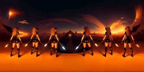 five evil female angels wearing black leotards with red trim_they have golden wings_the women have gold halos over their heads_one woman has dreadlocks_two of the women are  african american_they are flying_one woman is carrying a flaming green hammer.