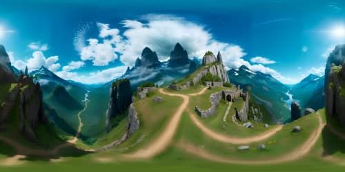 VR360, Lord of the Rings-inspired fantasy landscape, breathtaking panoramic views, towering mountains, sprawling forests, mesmerizing, ultra-high resolution. VR360 hyper-realistic rendering, masterpiece-quality, best-in-class visual fidelity, stylized Middle-earth aesthetic.