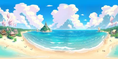Ultra-high-res beach scene, sparkling turquoise sea, soft pearl sands, cascading exotic palms. Masterpiece style, lush tropical flora, expansive VR360 vista. Radiant coastal sunset, azure sky imbued with streaks of blush-pink. VR360, pristine digital painting quality.