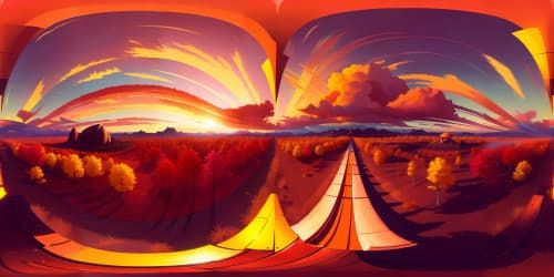 VR360 masterpiece, ultra high-res, blazing sun, crimson sky streaks, golden cloud hues, heat shimmer effects. Modern oil painting style, exquisite texture treatment, vivid color contrasts.