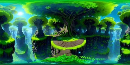 Masterpiece-grade VR360 visuals. Ultra-high resolution, verdant forest canopy. Ancient trees towering, moss-draped branches. Dappled sunlight filtering, jade-green leaves. Faintly glowing, bioluminescent flora. Style: hyper-realistic digital art.