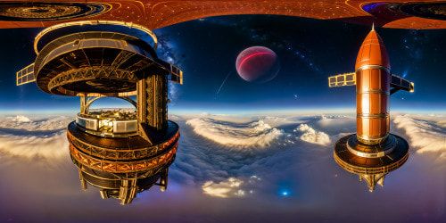 An awe-inspiring, futuristic space station comprised of intricate metallic spires and glowing neon lights, orbiting a distant exoplanet, reflecting off chrome surfaces under a blanket of swirling cosmic dust, sparkling stars, and distant galaxies in stunning 8K resolution.