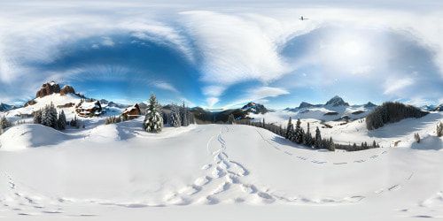 Masterpiece quality, ultra-high resolution, daytime, wintertime mountain peak view. Snow-coated landscapes, soothingly calm, immense sky panorama. Dominating frosty white, gentle pastel hues of daylight, VR360 perspective. Realistic style, serene, tranquil winter day VR360 vista.