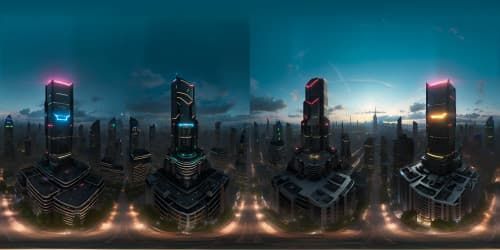 Masterpiece quality, ultra-high-res VR360 Marvel-esque stylization, towering Avengers edifice, pulsating lights. VR360 cityscape panorama, digital painterly rendition, intense illumination, intricate urban vista.