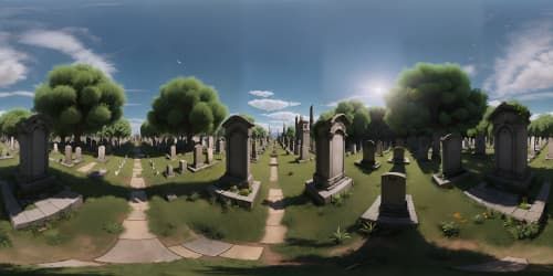 Masterpiece, ultra-high resolution, foreboding VR360 necropolis panorama. Decrepit tombstones scattered, looming crypts bathed in obscurity, ethereal VR360 fog veiling horizon. Skyview, from hillside perch, pumpkins aglow with spectral luminescence.