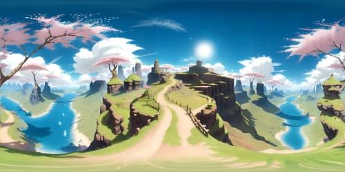 Masterpiece quality, ultra high-res VR360. Mesh of love motifs: intertwining heart-shaped clouds, pastel sunset hues, cascading cherry blossom petals. VR360, stylistic blend: digital painting meets surreal art. Immersive love-themed vista, subtly intricate detailing.