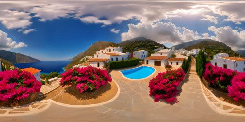 A charming Greek village nestled between majestic mountains and the glittering sea, vibrant terracotta rooftops, cascading bougainvillea, turquoise waters lapping the sandy shore, a flawless masterpiece captured in ultra-high resolution.