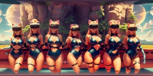VR360: five princesses, pink leotards, ultra high-res detailing. One blue-eyed, two blonde, cat ears. Squatting figures, arms aloft. VR360 view minimalistic background, close-up of armpit detail. Masterpiece quality, vibrant color palette, Pixar-style rendering.
