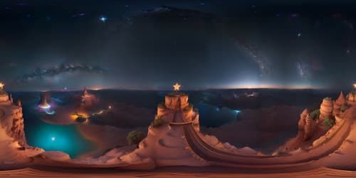 Masterpiece-level VR360 view. Ultra-quality 4K resolution. Unbounded galaxy panorama. Teeming star clusters. Grand cosmic spectacle. Pulsating nebulas. Streaks of shooting stars.