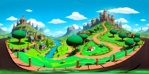 VR360 view, South Park-inspired animation style, simplistic 2D characters, vibrant colors, expansive green landscapes, quirky small-town elements, mountainous backdrop. Emphasizing quality, ultra high-resolution VR360 scene, nod to iconic comedic masterpiece.