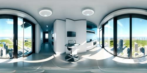 Ultra high-res VR360 masterpiece, intricate detailing, modernistic clinic, crisp white palette, polished metal surfaces. Sterile precision, sweeping glass boundaries, VR360 cityscape vista. Futuristic styling, meticulous Pixar-esque detailing.
