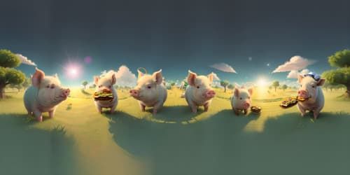 five pigs wearing tophats and darkglasses eating ham sandwiches dreamlike