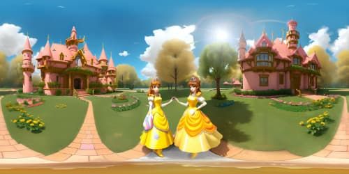Supermario character: Princess Daisy(in brown hair yellow dress) and Princess Peach (in pink dress) . standing in front of a pink and white castle