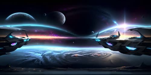 Ultra high-res VR360, finest masterpiece, celestial body reflections on metallic spaceship hull, cosmos scattered with nebulae, distant galaxies. Style photorealistic, exceptional detail, futuristic aesthetic