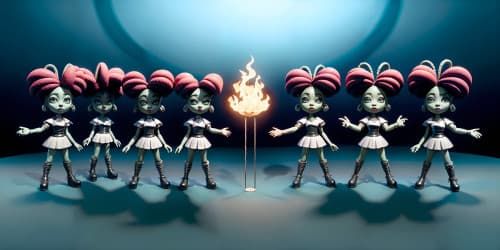 four african american women sorceresses wearing thigh high boots. one is wearing bracelets made of fire. one has dreadlocks.one is wearing a metalic silver bodysuit.