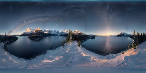 Hyper-realistic VR360, radiant moonlight on shimmering lake, star-filled dark sky, emerald forest encircling, snow-dusted distant peaks. VR360 ultra-high-resolution, lustrous sunset reflection, deepening scene's richness, pervasive hyper-realism style.