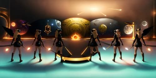 five evil female angels wearing black leotards with red trim_they have golden wings_the women have gold halos over their heads_one woman has dreadlocks_two of the women are  african american_they are flying_one woman is carrying a flaming green hammer.