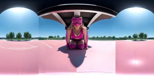 multiple blondes, pink leotards, deep squatting, blue eyes, eye contact, close up, pretty