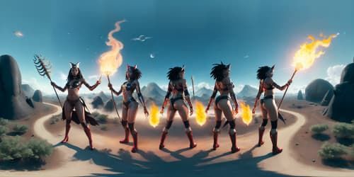 four women wearing white leotards with thigh high boots. they are evil sorceresses'. they are african american women_one woman is carryinga glowing red mace_two of the women have dreadlocksFOUR AFRICAN AMERICAN AMERICAN WOMEN WEARING RED LEOTARDS AND THIGH HIGH BOOTS' THEY ARE WITCHES. ONE HAS DREADLOCKS. ONE WITCH IS CARRYING A FLAMING TRIDENT.