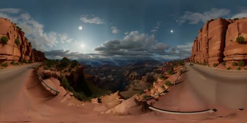 hilltop view Ultra HD, Masterpiece quality VR360, Grand Canyon, river slicing through red rock vistas, full moon cast shadows. Ethereal hues on horizon, night skyview dominated by moon's glow.