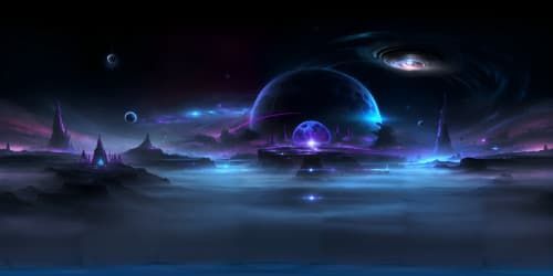 Masterpiece quality, ultra HD VR360 view, ethereal beings floating in celestial universe, intricate cosmic scenery. Art style: heavenly, exuberant color palette. Minimal foreground: delicate, transcendent entities, mesmerizing celestial bodies.