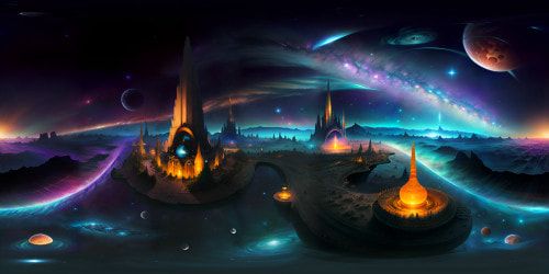 Masterpiece quality, ultra-high resolution, celestial bodies' starglow, firmament's vast canvas in VR360, radiant nebulae, cosmic dust scattering starlight, ethereal comets' trails. Immaculate mix of realism, digital painting. Vibrant hues, shadows, detailed textures in VR360. Skybox1a, subtly evoking awe against infinity's backdrop.