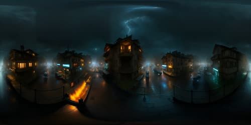 VR360 noir cityscape at night, superlative quality, VR360 masterpiece, ultra high-resolution, torrential rain, melancholic fog, thick mist, ominous dark clouds, vacant streets from above, spectral sky-view