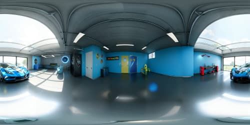 Ultra high-resolution, VR360 visual immersion, gleaming blue Corvette, centered in a pristine garage. Architectural precision, ambient reflections on polished surfaces, muted concrete, graphite shadows. Intricate detailing, Pixar-style lighting effects on chrome, sunbeams breaking through loft windows for a VR360 aesthetic.