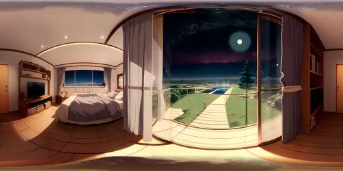 High res VR360 masterpiece, modern, sleek home interior, minimalist aesthetics. Plush furniture, glass-walled living area, infinity pool in view. Expansive VR360 skylight, star-speckled night, northern lights spectacle. Style: Ultra-realistic, hyper-detailed.