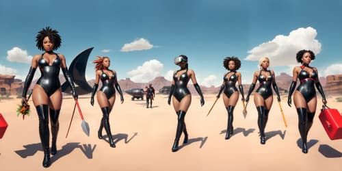 four african american women_wearing dark red metallic leotards_and black thigh high boots_they are carrying large hammers_one woman has dreadlocks_
