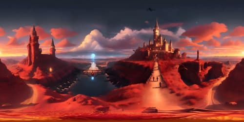 TV drama Stranger Things styled Gothic Castles SURROUNDED BY vocalnic stones. dark red background. lightenings in the sky