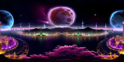 Sailor Moon theme, crystal Tokyo skyline, shimmering silver towers, pink cherry blossoms in full bloom. Sparkling rainbow moon, star-studded sky, VR360 view. Anime style, vibrant colors, glossy, ultra high-res. Fantasy art-style palace, sleek crystalline structures. Masterpiece level, VR360 Sailor Moon universe immersion.