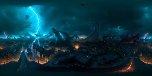Dark, ominous clouds in VR360 view, Godzilla silhouette against stormy backdrop. Torrential rain, lighting flashes illuminating monstrous figure, cityscape in the far distance. A blend of realistic and anime style, high-resolution texture, compelling contrast, dramatic atmosphere for VR360 experience.