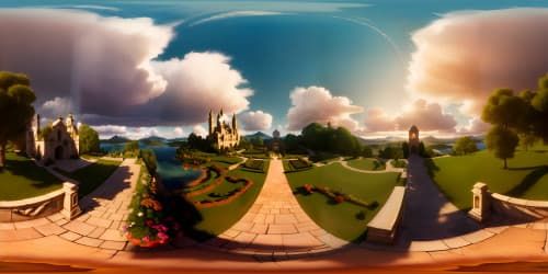 Masterpiece artistry, ultra-high res VR360 world, exquisite detailing. Renaissance-style frescoes, sky patterned with delicate clouds. Golden light piercing through, casting ethereal glow in VR360 perspective. Baroque extravagance in foreground, minimalistic landscape, undulating hills, serene lake.
