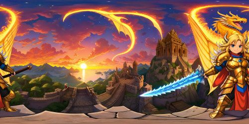 In an epic fantasy realm, a chubby blonde warrior adorned in intricate dragon armor and wielding formidable weapons, set against a backdrop of ancient ruins, glowing crystals, and a blazing sunset, ultra high-res and awe-inspiring.