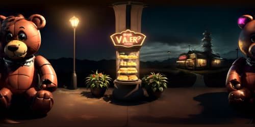 game five night at freddy's restaurant, with u.s. 90s fast food style creepy dark light. with a scary mechanical dark brown teddy bear