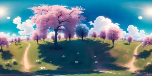 a open field with trees and flowers