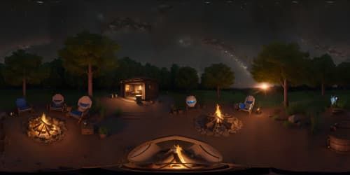 camp fire in woods surrounded by fire flys  on a stary night