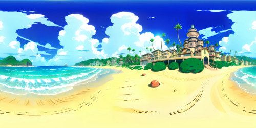 VR360: perfection personified, beach locale, ultra HD. Sand kissed shores, glistening waves, gently swaying palm trees, azure sky. Panoramic Pixar-style, vibrant colors, hyper-real textures, sunlit brilliance. VR360: immersive, pristine beach escapade.