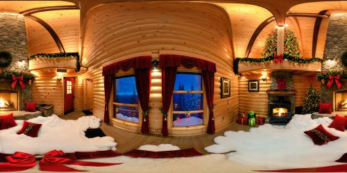 Immaculately decorated log cabin interior for Christmas, aglow with myriad twinkling lights, opulent red velvet bows, crackling fireplace casting a warm hue on grand pine garlands and shimmering ornaments, all captured in pristine ultra-high resolution, an absolute masterpiece.