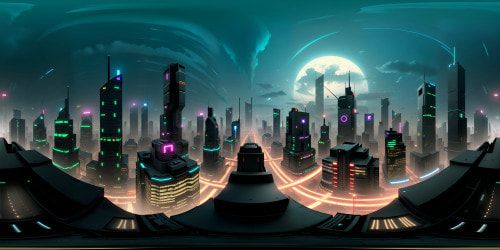 VR360 view from towering skyscraper, neon-lit skyline of a futuristic city. Black skyscrapers, striking neon outlines. Masterpiece-quality, ultra-high resolution. High-end digital painting style, VR360 cityscape, night scene.