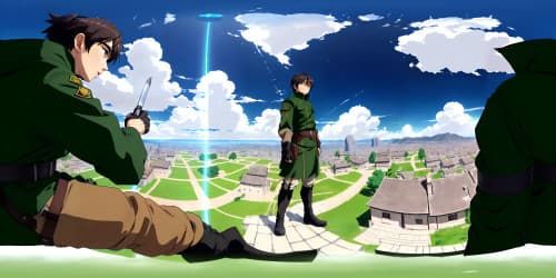 Soldiers wearing uniforms as in Attack on Titan stand on the roof. wearing vertical maneuvering equipment. wearing dark green cloak with the Survey Corps emblem on the back. holding long knives in both hands.