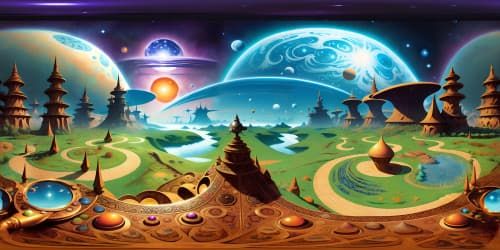 Vintage Persian rug, intricate patterns, lavish colors, VR360 ultra high res, digital painting style, woven threads of light, VR360 masterpiece, floating in limitless cosmos.