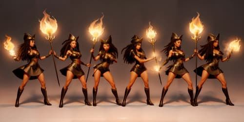 four women wearing white leotards with thigh high boots. they are evil sorceresses'. they are african american women_one woman is carryinga glowing red mace_two of the women have dreadlocksFOUR AFRICAN AMERICAN AMERICAN WOMEN WEARING RED LEOTARDS AND THIGH HIGH BOOTS' THEY ARE WITCHES. ONE HAS DREADLOCKS. ONE WITCH IS CARRYING A FLAMING TRIDENT.