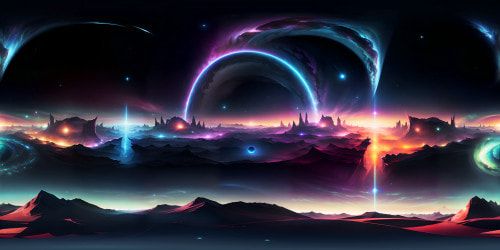 VR360 scene: Masterpiece style, ultra high-res, cosmic structure. Massive entity, hair black as void, flowing across expanses. VR360 reality: textured strands, ethereal light glints, surreal art aesthetic.