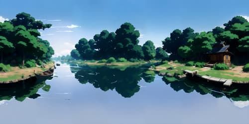 Chinese ink, misty clouds, solitary boat drifting in the cold tranquil river, masterpiece, traditional, classical, the leaves om trees are blue, and there're severial birds in the sky.