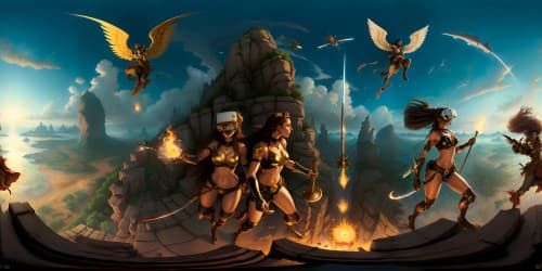 five african american female angels wearing dark red leotards with gold trim_they have golden wings_the women have gold halos over their heads_one woman has dreadlocks_they are flying_one woman is carrying a flaming green sword_