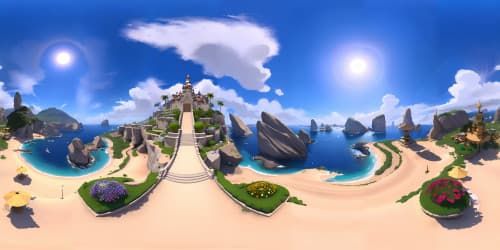 beautiful paradise daylight  island sun summer flowers birds palms ocean mountains background snowcap