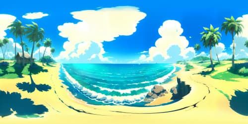 Sandy coastline, azure waves gently lapping, seashells scattered, palm trees defining horizon. VR360 view: Picasso-style cubism influence, near-abstract forms. Isolated tropical umbrella silhouette, coral sun setting, casting long shadows. VR360 panorama: vibrant, intricate detailing, masterful digital painting.