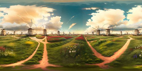 Masterpiece quality, ultra high-res VR360 panorama. Tranquil meadow, borders gentle canal. Array of windmills gracing distance, echoing Dutch artistry. VR360 view, foreground accents of colorful wildflowers, feather-like reeds. Endless sky, gentle clouds. Aesthetic: photorealistic, lush.